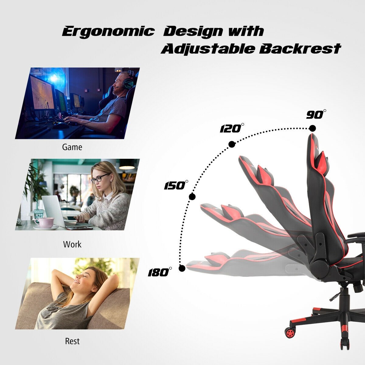 Massage Gaming Chair with Lumbar Support and Headrest, Red - Gallery Canada