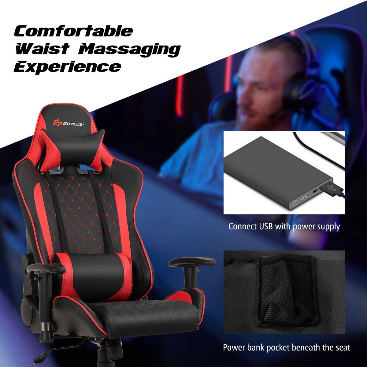 Massage Gaming Chair with Lumbar Support and Headrest, Red - Gallery Canada