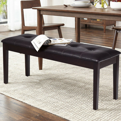 Upholstered Dining Room PU Bench Solid Wood Button Tufted, Brown
