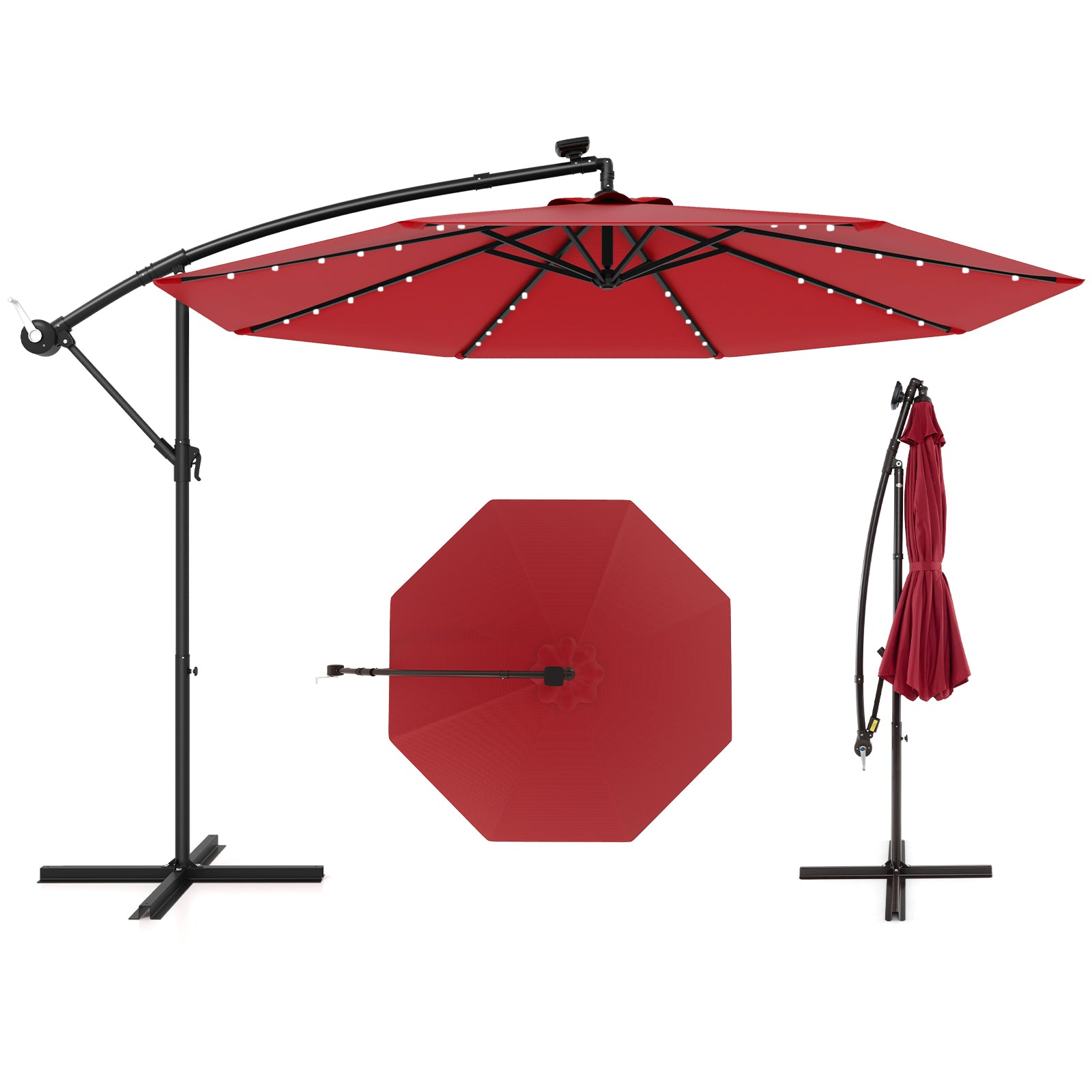10Ft Solar Offset Hanging Umbrella, 40 Lamp Beads, Dark Red Outdoor Umbrellas at Gallery Canada