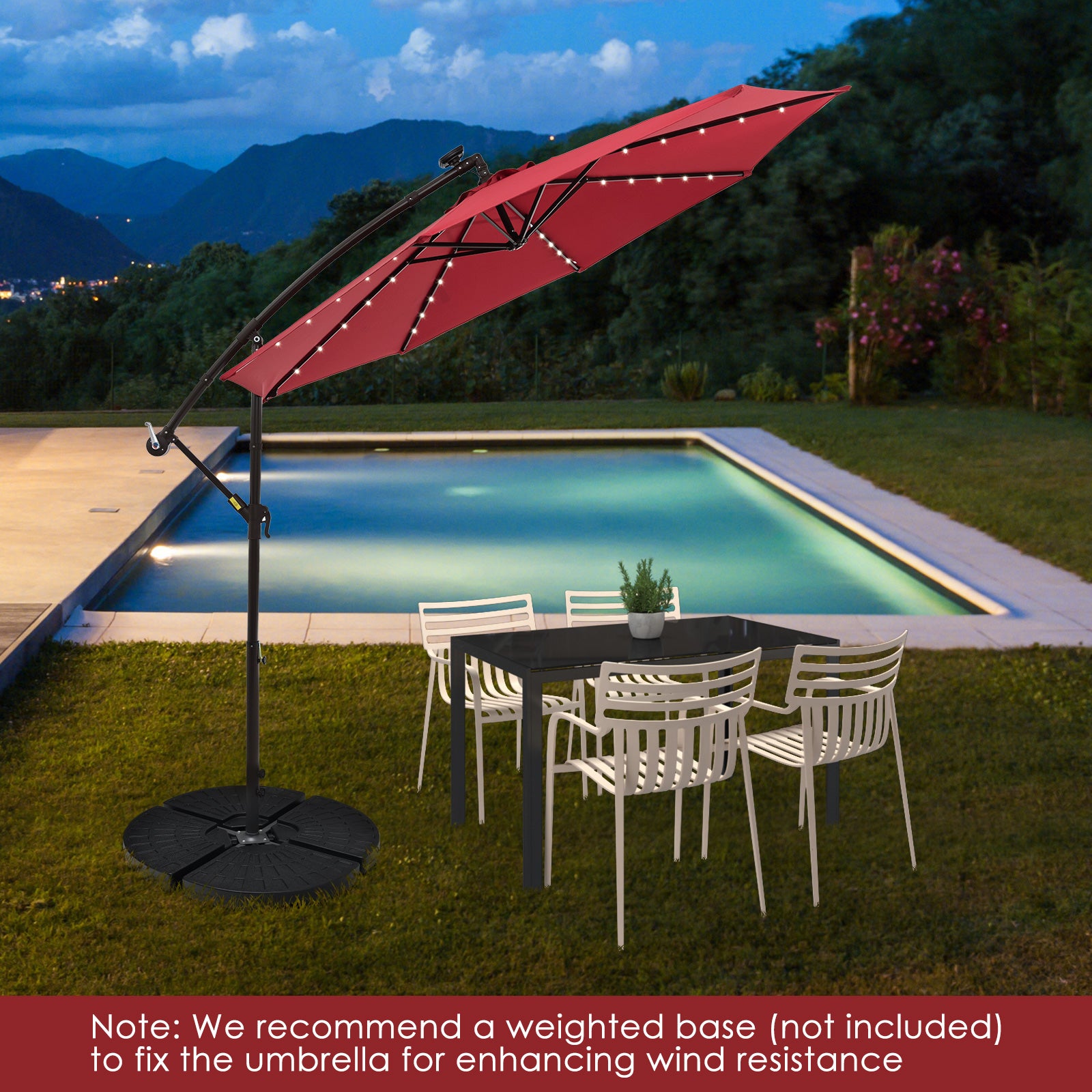 10Ft Solar Offset Hanging Umbrella, 40 Lamp Beads, Dark Red Outdoor Umbrellas at Gallery Canada