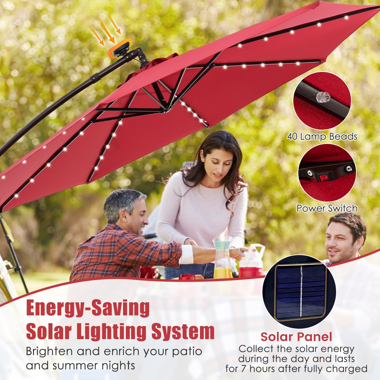 10Ft Solar Offset Hanging Umbrella, 40 Lamp Beads, Dark Red Outdoor Umbrellas at Gallery Canada