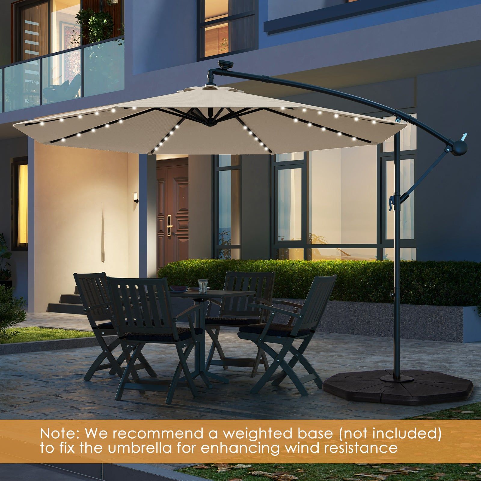 10 Feet Solar Offset Hanging Umbrella with 40 Lamp Beads and Solar Panel, Beige Outdoor Umbrellas at Gallery Canada
