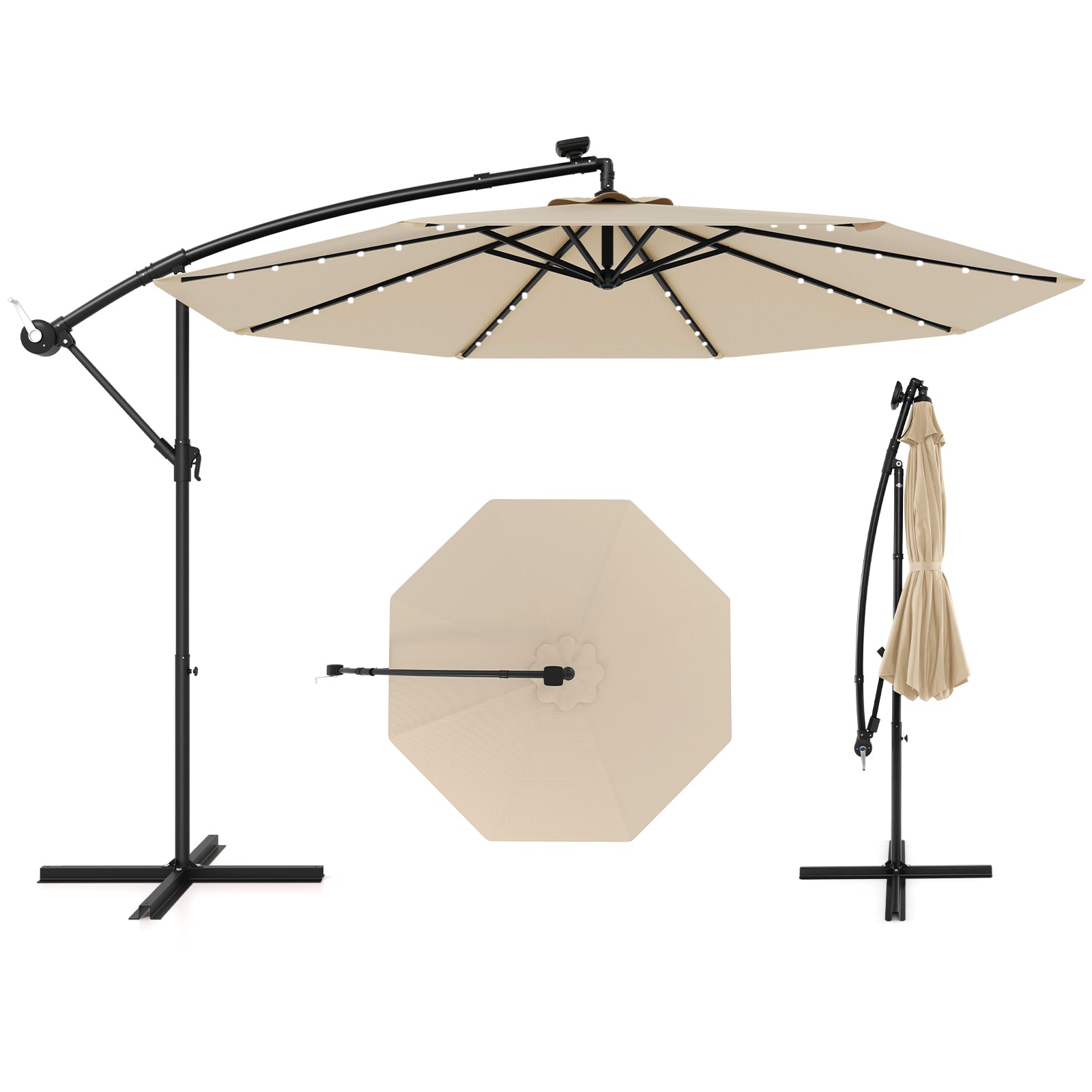 10 Feet Solar Offset Hanging Umbrella with 40 Lamp Beads and Solar Panel, Beige Outdoor Umbrellas at Gallery Canada