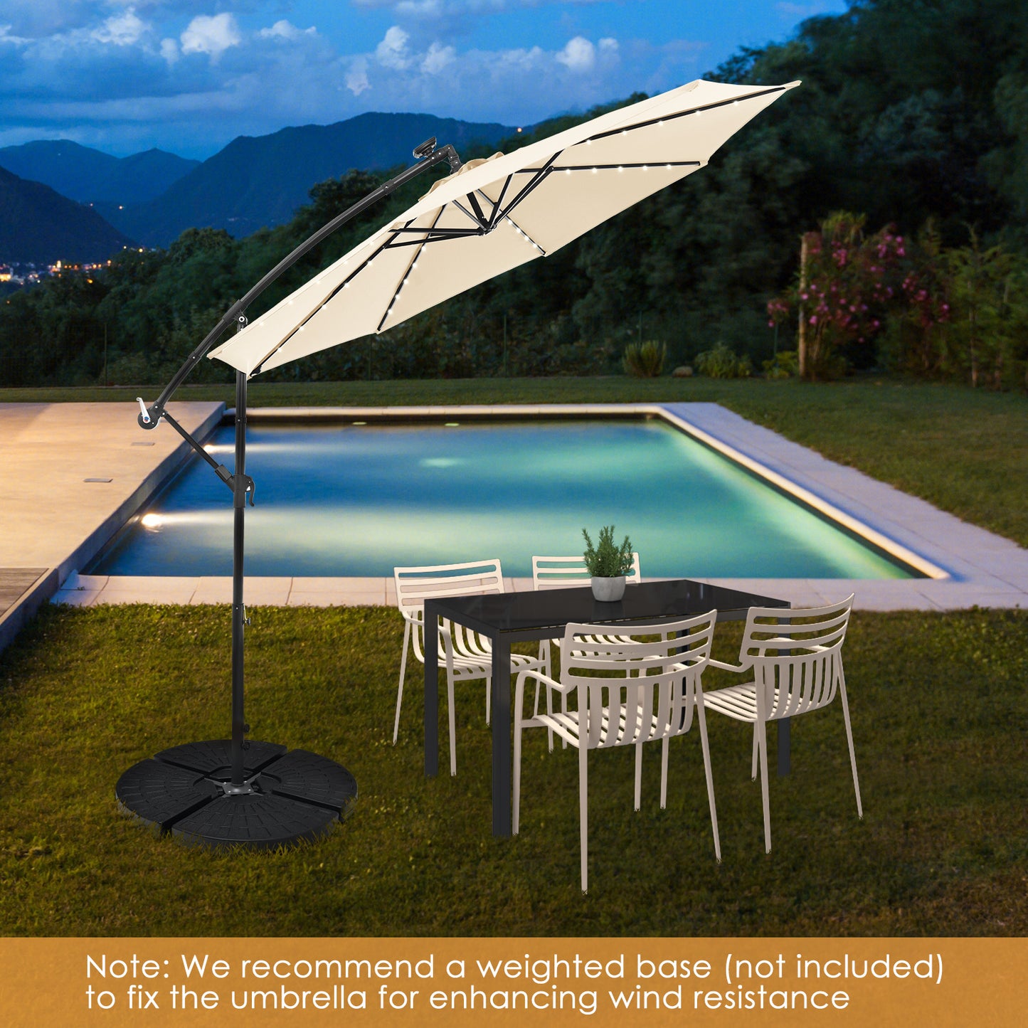 10 Feet Solar Offset Hanging Umbrella with 40 Lamp Beads and Solar Panel, Beige Outdoor Umbrellas at Gallery Canada