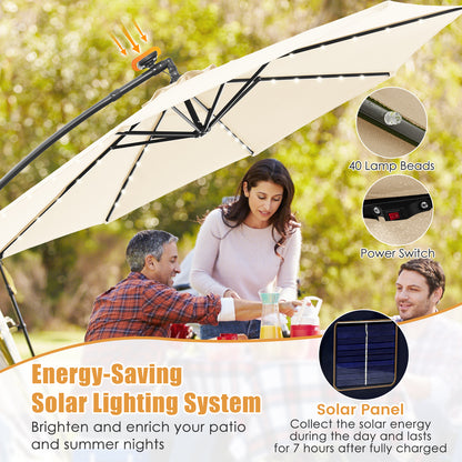 10 Feet Solar Offset Hanging Umbrella with 40 Lamp Beads and Solar Panel, Beige Outdoor Umbrellas at Gallery Canada