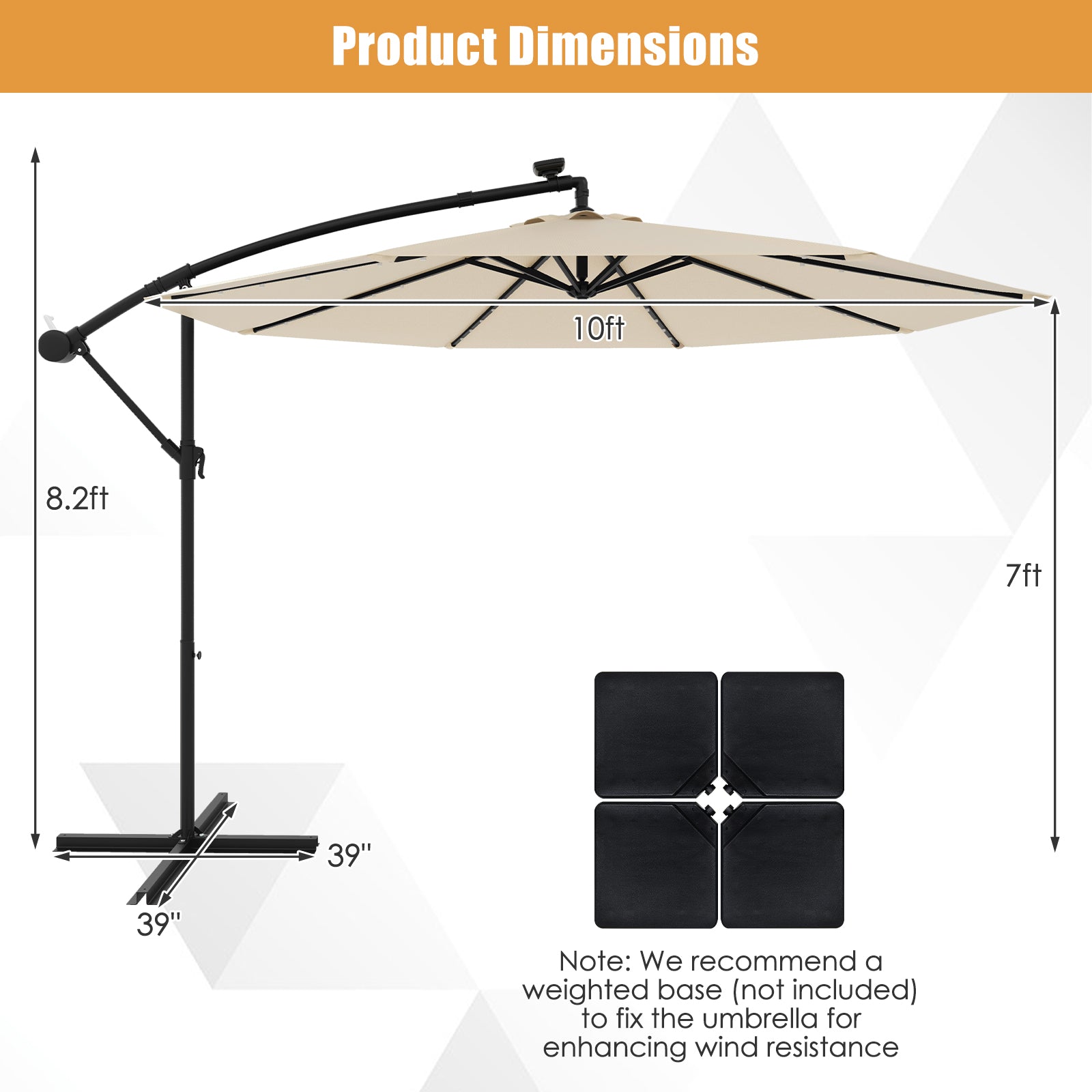 10 Feet Solar Offset Hanging Umbrella with 40 Lamp Beads and Solar Panel, Beige Outdoor Umbrellas at Gallery Canada