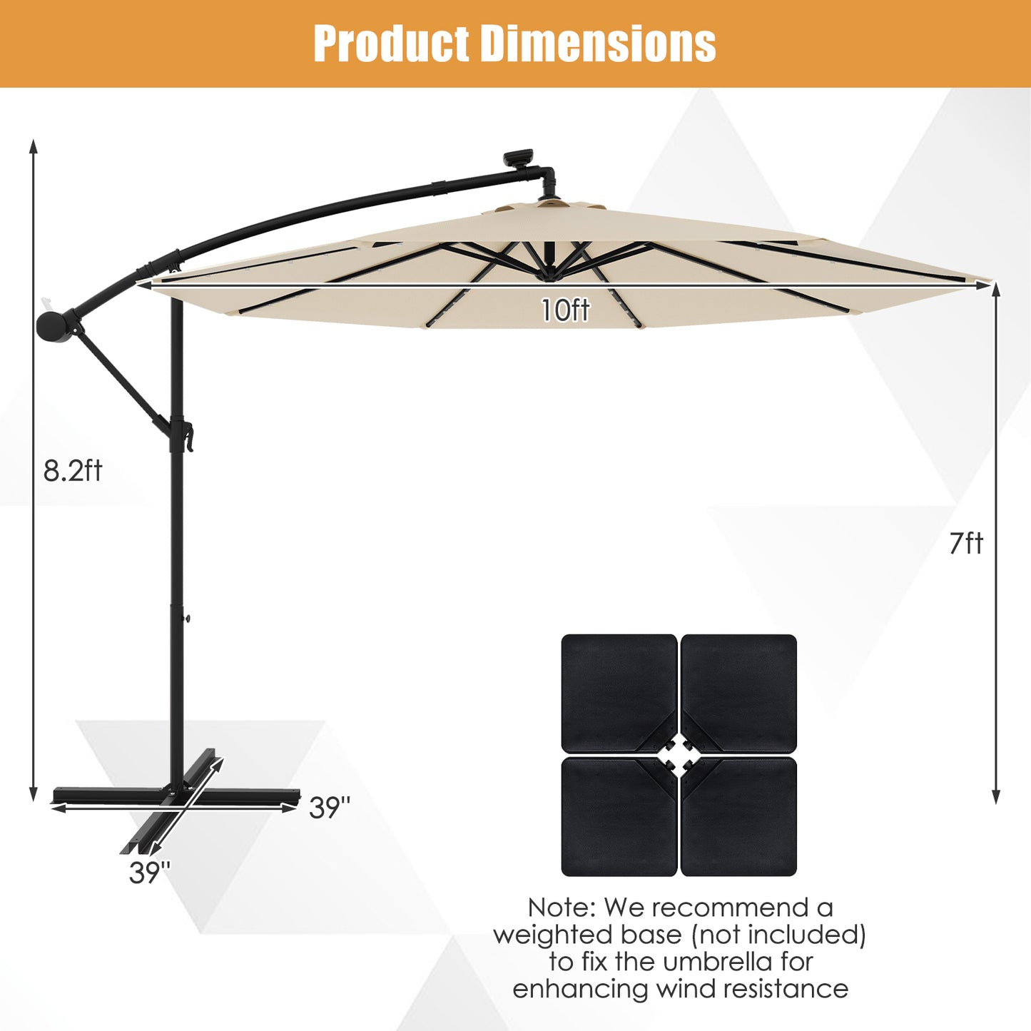 10 Feet Solar Offset Hanging Umbrella with 40 Lamp Beads and Solar Panel, Beige Outdoor Umbrellas at Gallery Canada
