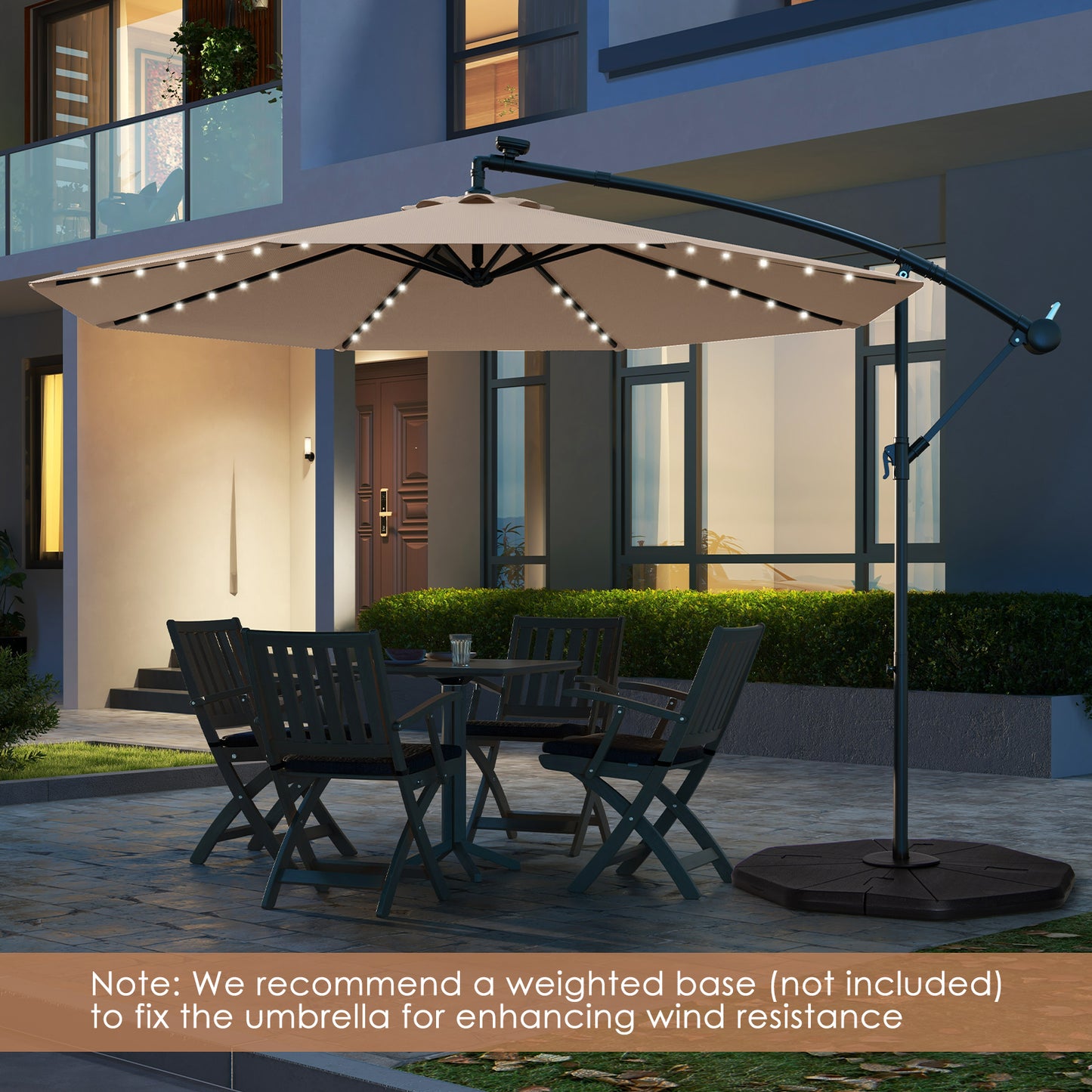 10 Feet Solar Offset Hanging Umbrella with 40 Lamp Beads and Solar Panel, Tan Outdoor Umbrellas at Gallery Canada