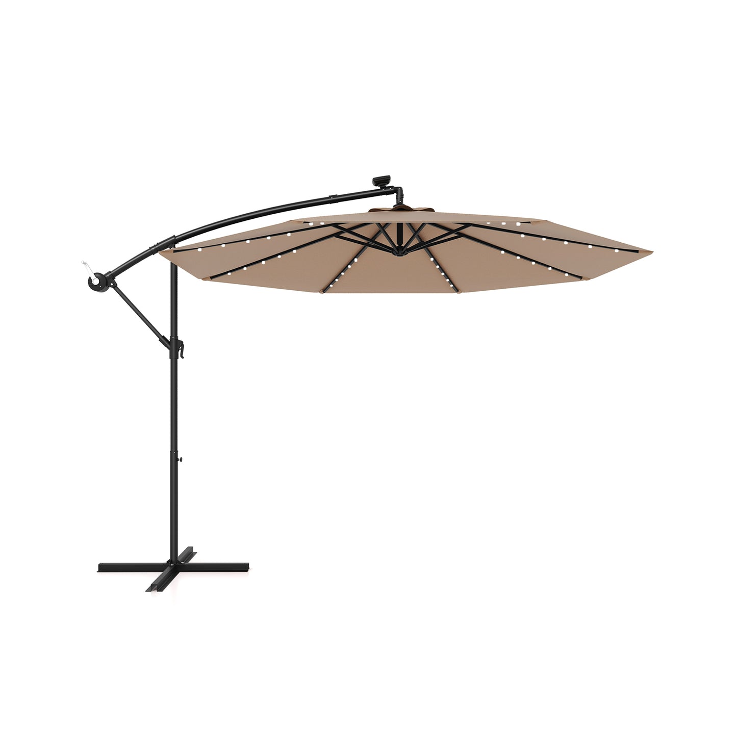 10 Feet Solar Offset Hanging Umbrella with 40 Lamp Beads and Solar Panel, Tan Outdoor Umbrellas at Gallery Canada