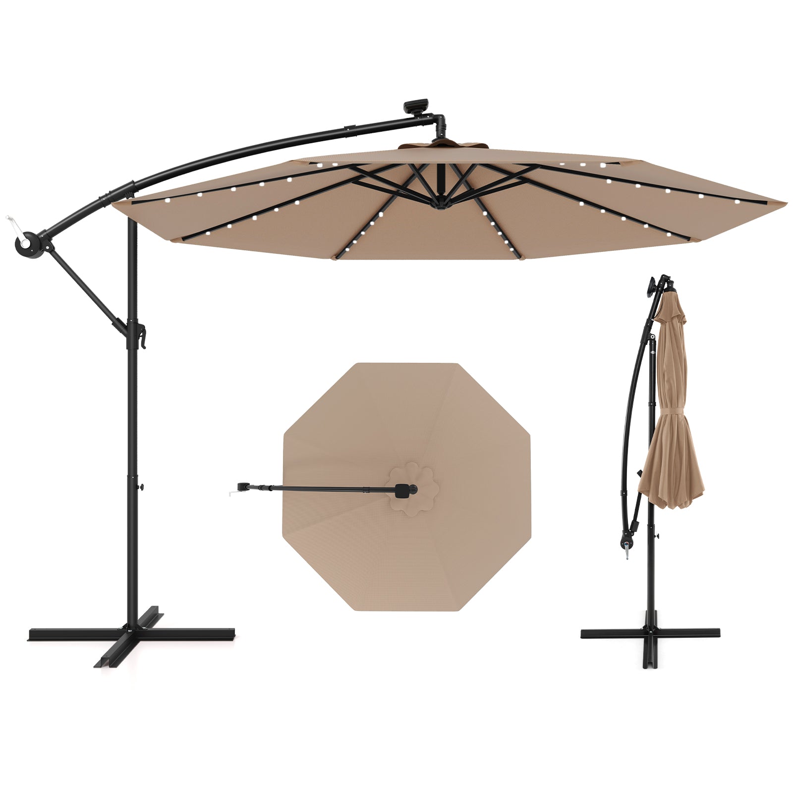 10 Feet Solar Offset Hanging Umbrella with 40 Lamp Beads and Solar Panel, Tan Outdoor Umbrellas at Gallery Canada
