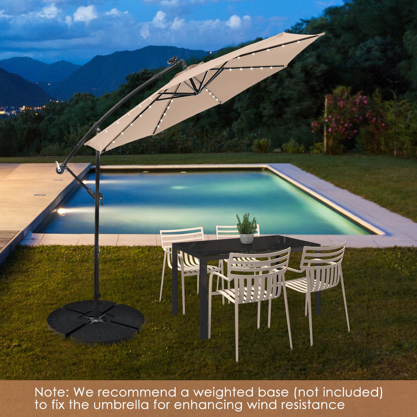 10 Feet Solar Offset Hanging Umbrella with 40 Lamp Beads and Solar Panel, Tan Outdoor Umbrellas at Gallery Canada