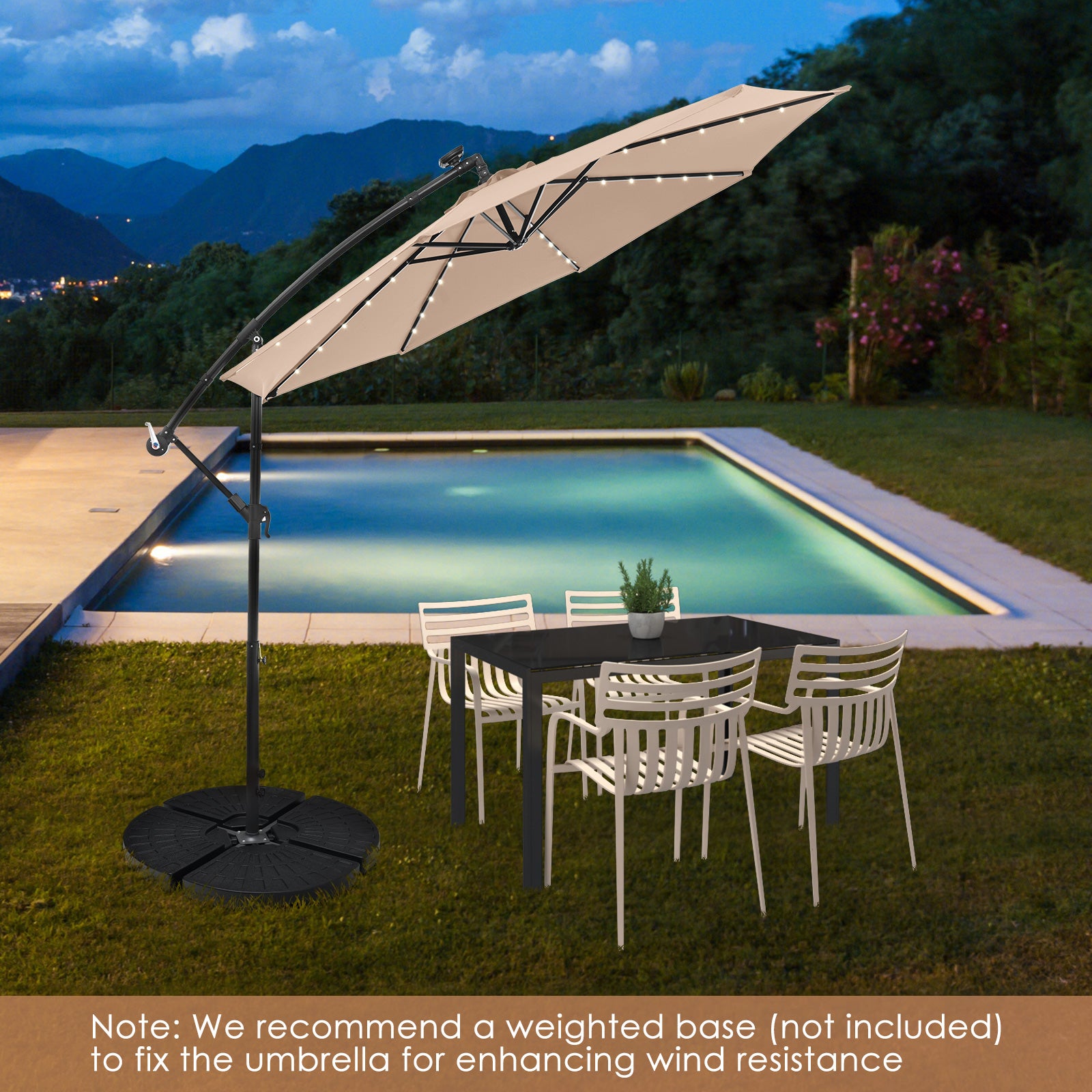 10 Feet Solar Offset Hanging Umbrella with 40 Lamp Beads and Solar Panel, Tan Outdoor Umbrellas at Gallery Canada