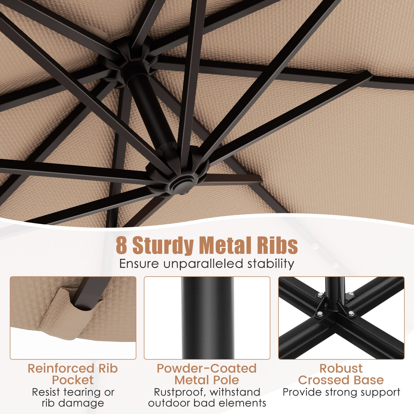 10 Feet Solar Offset Hanging Umbrella with 40 Lamp Beads and Solar Panel, Tan Outdoor Umbrellas at Gallery Canada