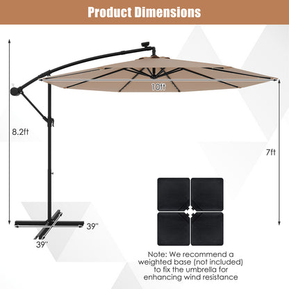 10 Feet Solar Offset Hanging Umbrella with 40 Lamp Beads and Solar Panel, Tan Outdoor Umbrellas at Gallery Canada