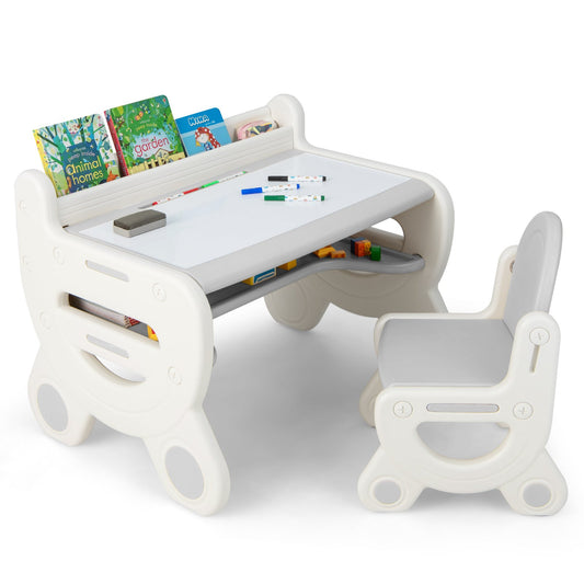 Kids Drawing Table and Chair Set with Watercolor Pens and Blackboard Eraser, Gray