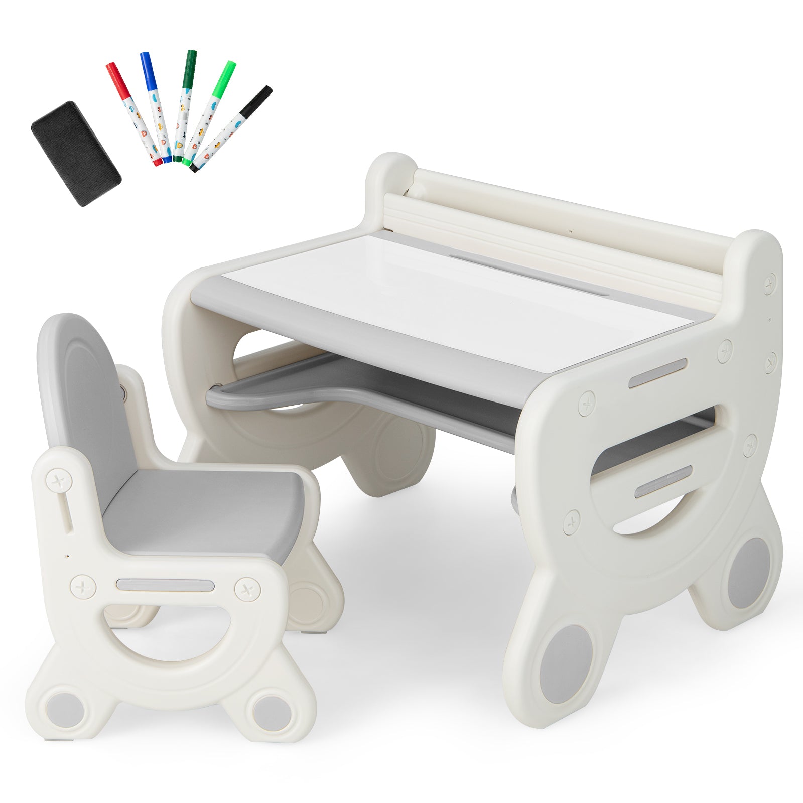 Kids Drawing Table and Chair Set with Watercolor Pens and Blackboard Eraser, Gray Kids Table & Chair Sets at Gallery Canada