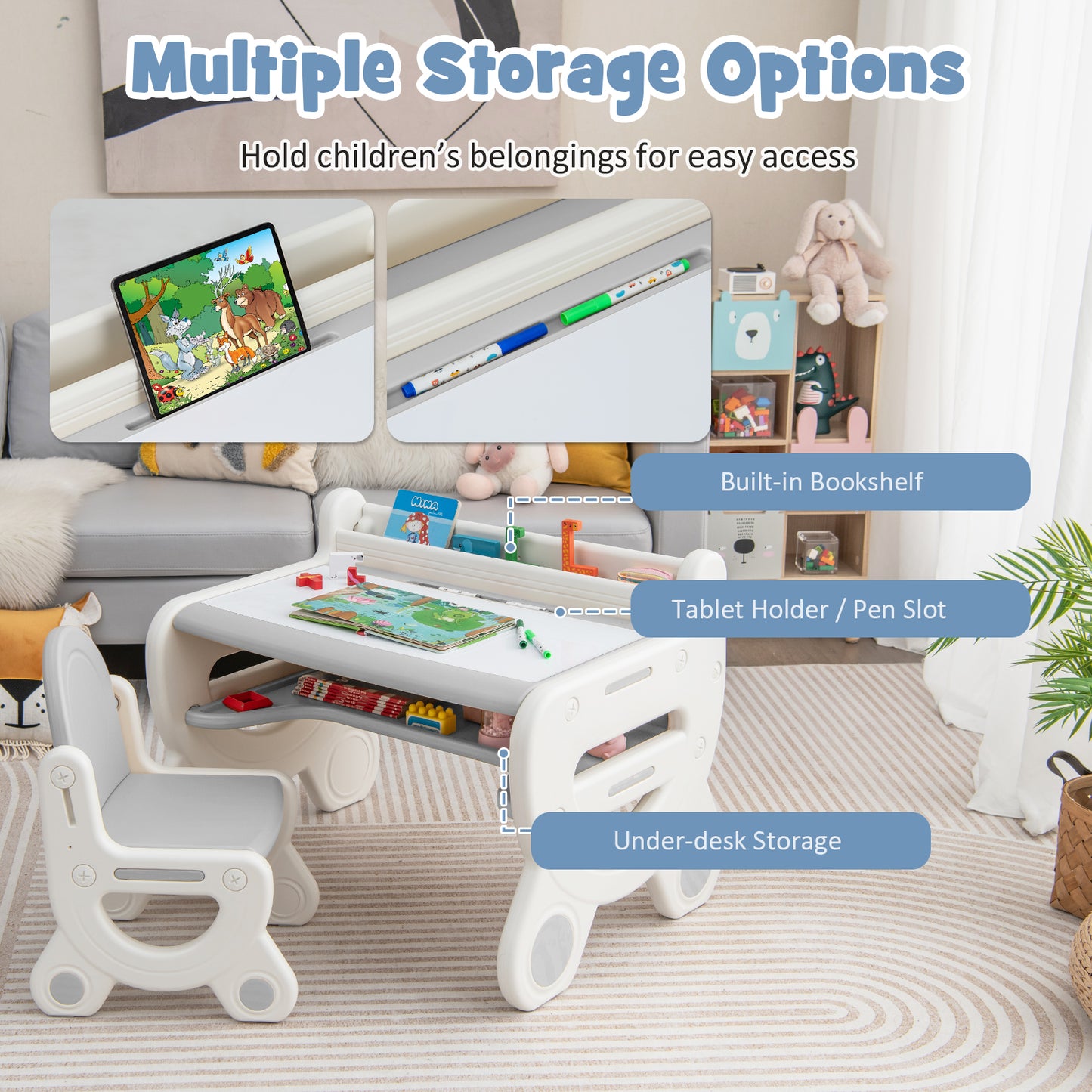 Kids Drawing Table and Chair Set with Watercolor Pens and Blackboard Eraser, Gray Kids Table & Chair Sets at Gallery Canada