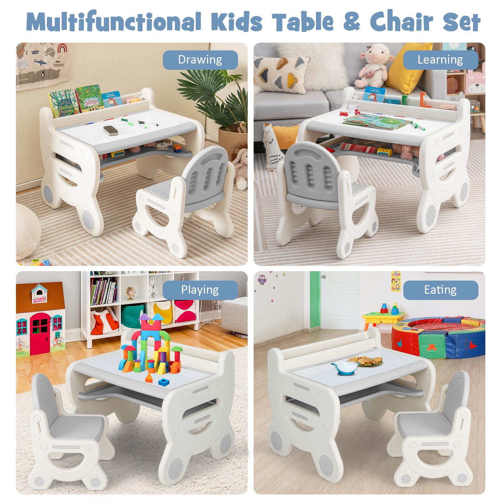 Kids Drawing Table and Chair Set with Watercolor Pens and Blackboard Eraser, Gray Kids Table & Chair Sets at Gallery Canada