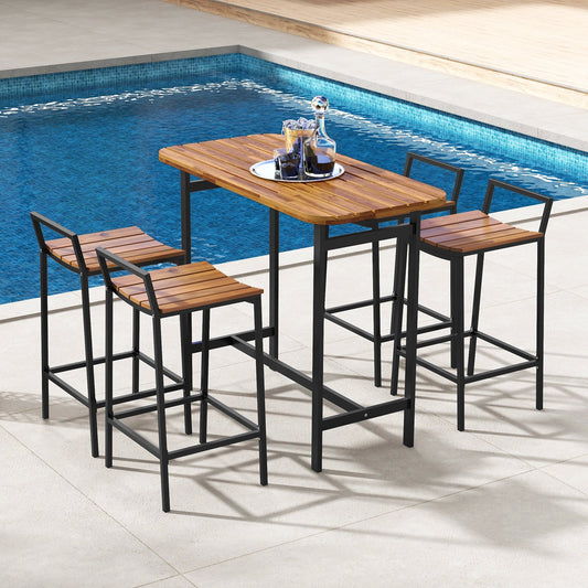 5 Piece Acacia Wood Bar Table Set Bar Height Table and Chairs with Metal Frame and Footrest - Gallery Canada