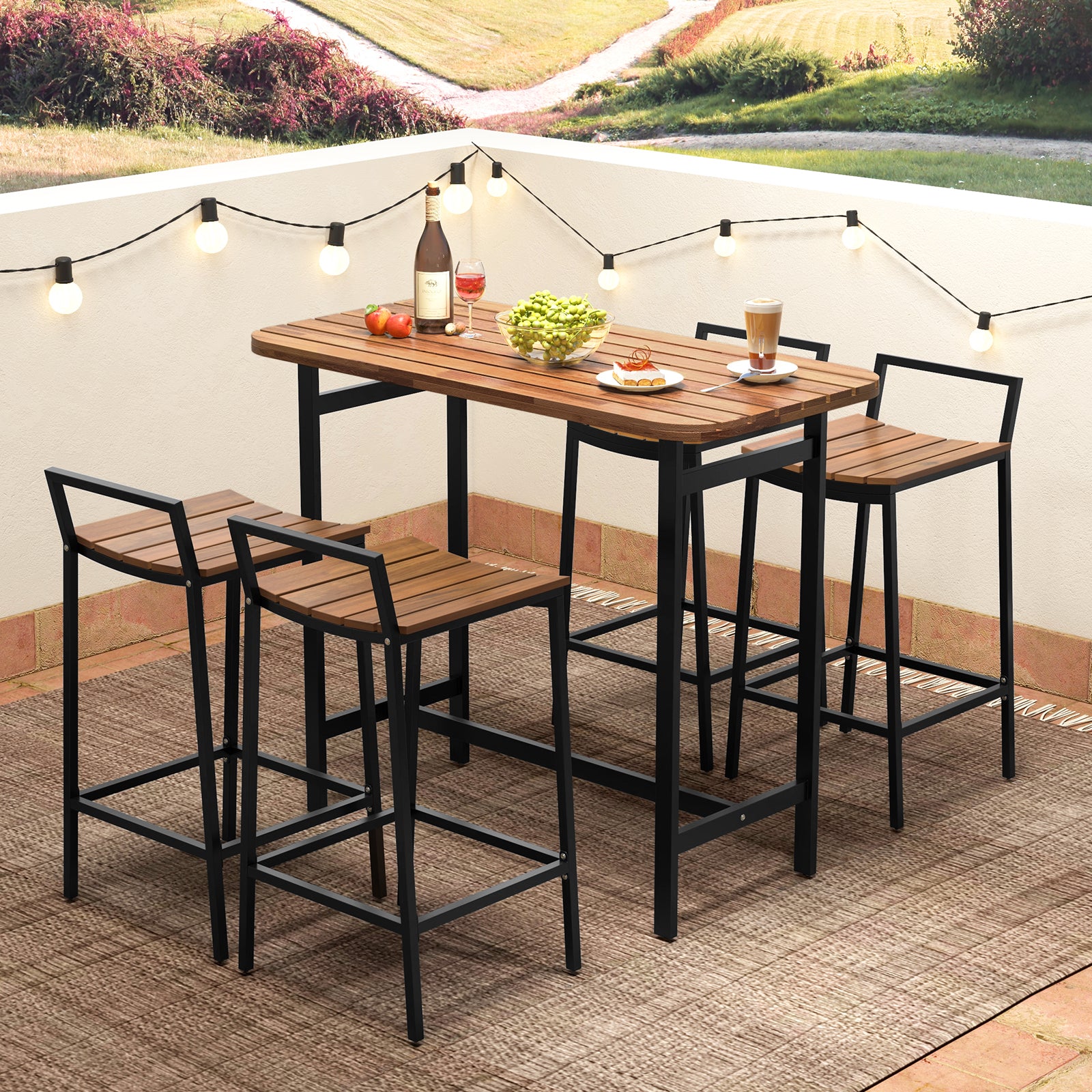 5 Piece Acacia Wood Bar Table Set Bar Height Table and Chairs with Metal Frame and Footrest Patio Bar Furniture at Gallery Canada