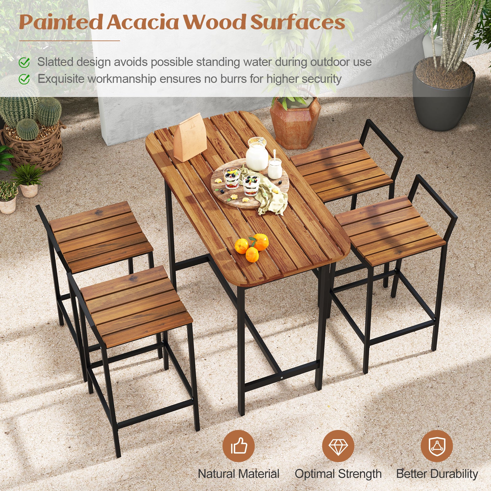 5 Piece Acacia Wood Bar Table Set Bar Height Table and Chairs with Metal Frame and Footrest Patio Bar Furniture at Gallery Canada
