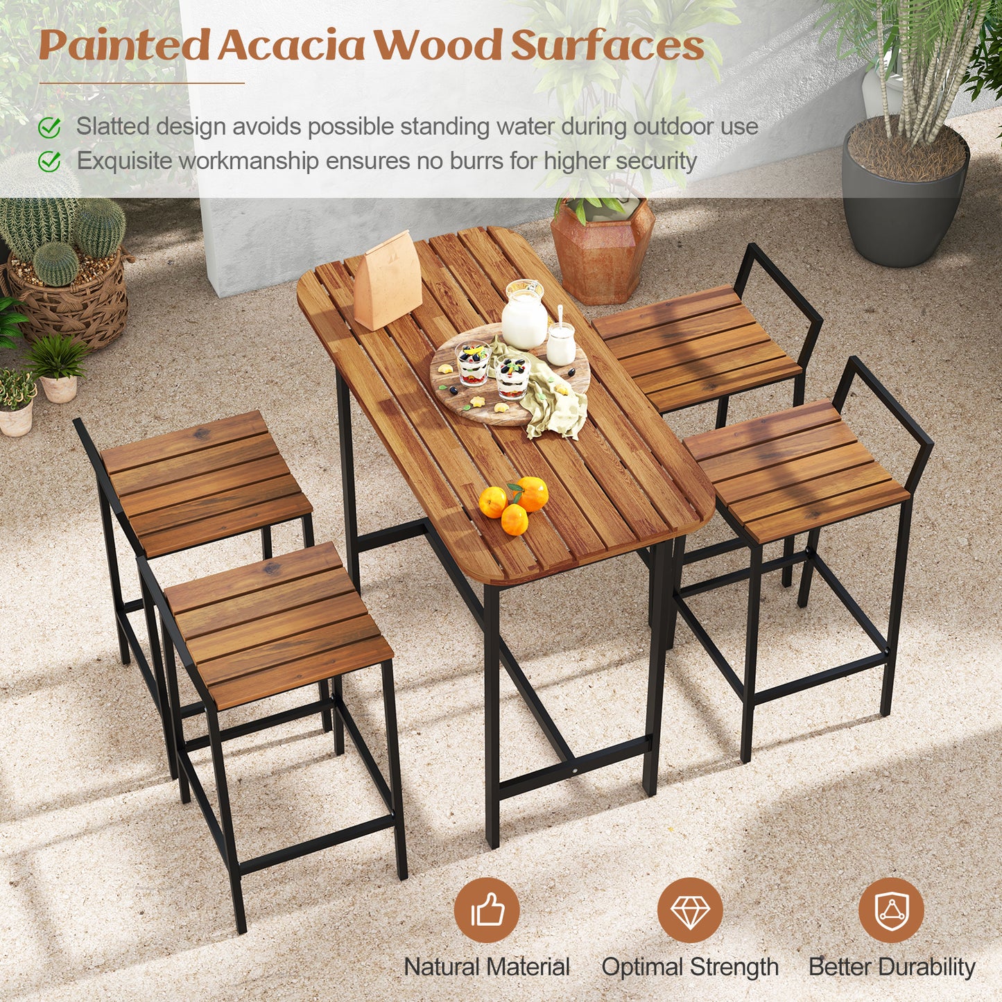 5 Piece Acacia Wood Bar Table Set Bar Height Table and Chairs with Metal Frame and Footrest Patio Bar Furniture at Gallery Canada
