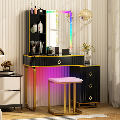 Vanity Table Set with RGB LED Lights and Wireless Charging Station, Black Makeup Vanities at Gallery Canada