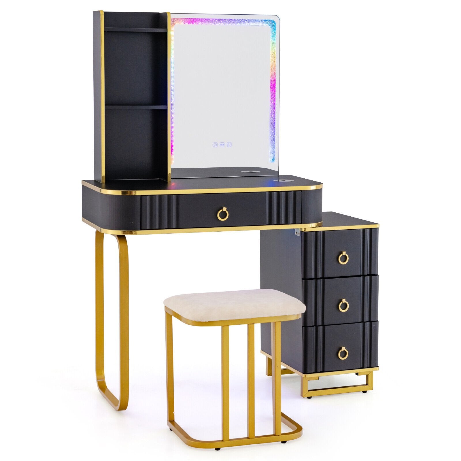 Vanity Table Set with RGB LED Lights and Wireless Charging Station, Black Makeup Vanities Black at Gallery Canada