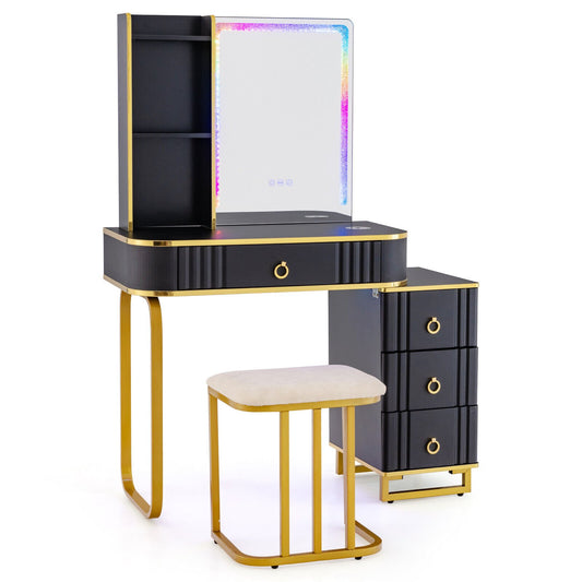 Vanity Table Set with RGB LED Lights and Wireless Charging Station, Black - Gallery Canada