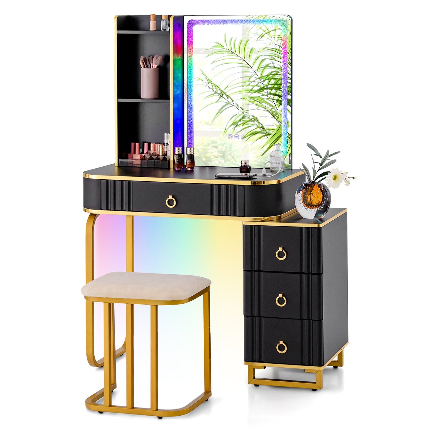 Vanity Table Set with RGB LED Lights and Wireless Charging Station, Black