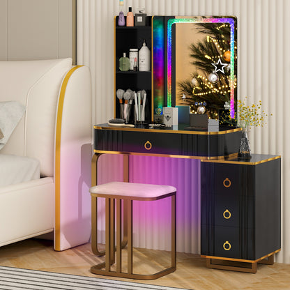 Vanity Table Set with RGB LED Lights and Wireless Charging Station, Black Makeup Vanities at Gallery Canada