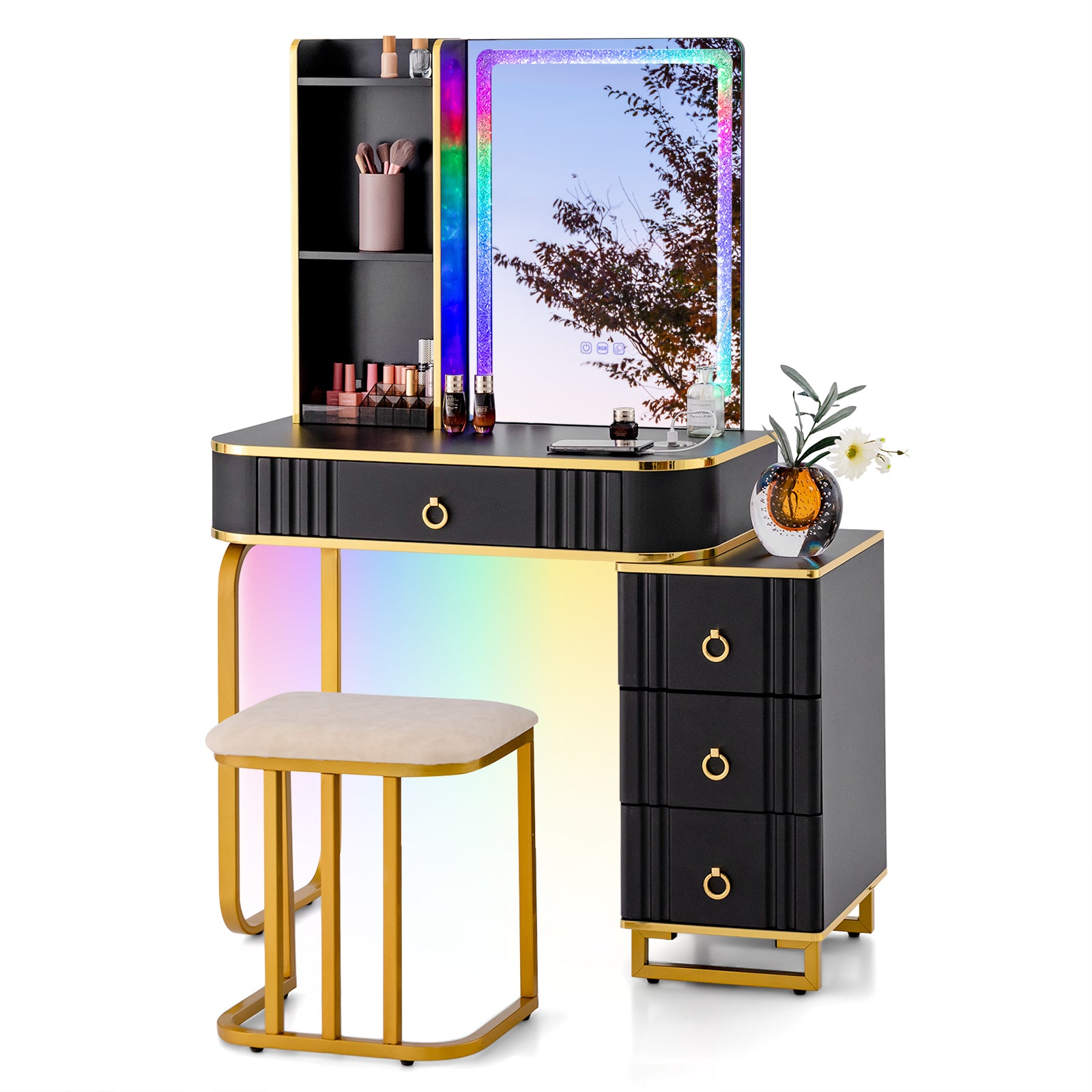 Vanity Table Set with RGB LED Lights and Wireless Charging Station, Black Makeup Vanities at Gallery Canada