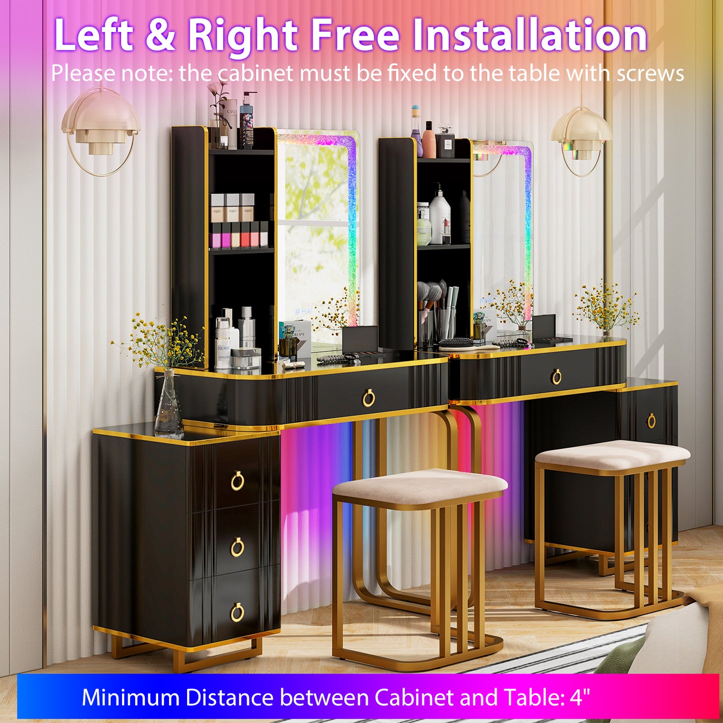 Vanity Table Set with RGB LED Lights and Wireless Charging Station, Black Makeup Vanities at Gallery Canada