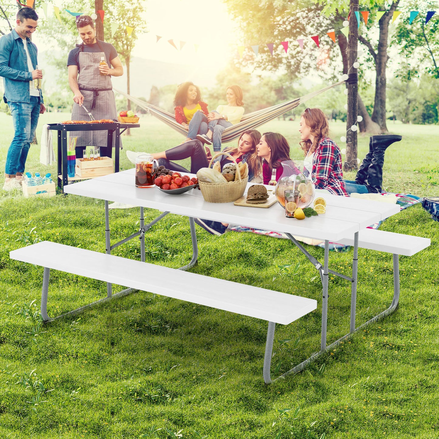 Folding Picnic Table Set with Metal Frame and All-Weather HDPE Tabletop  Umbrella Hole, White