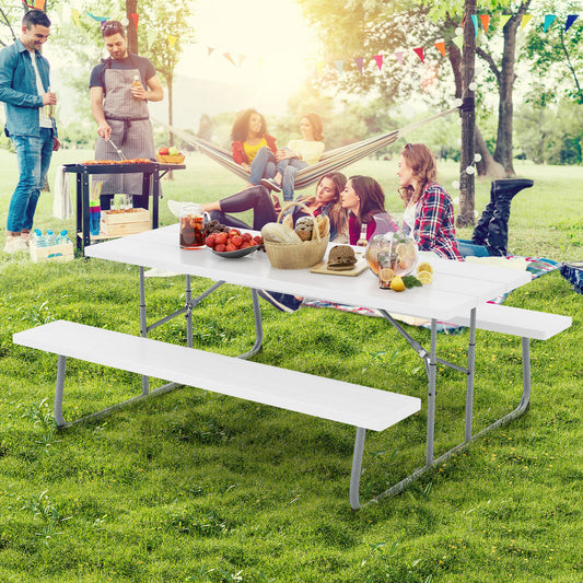 Folding Picnic Table Set with Metal Frame and All-Weather HDPE Tabletop  Umbrella Hole, White - Gallery Canada