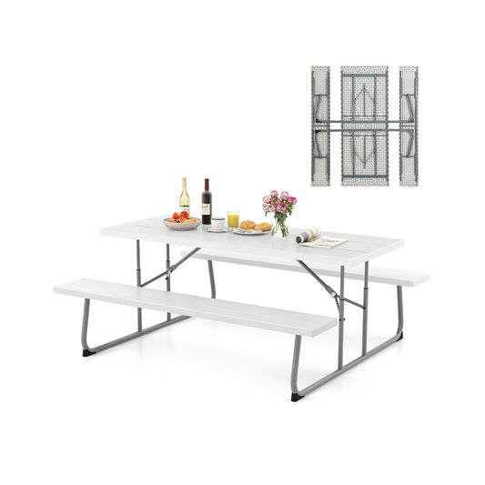 Folding Picnic Table Set with Metal Frame and All-Weather HDPE Tabletop  Umbrella Hole, White - Gallery Canada
