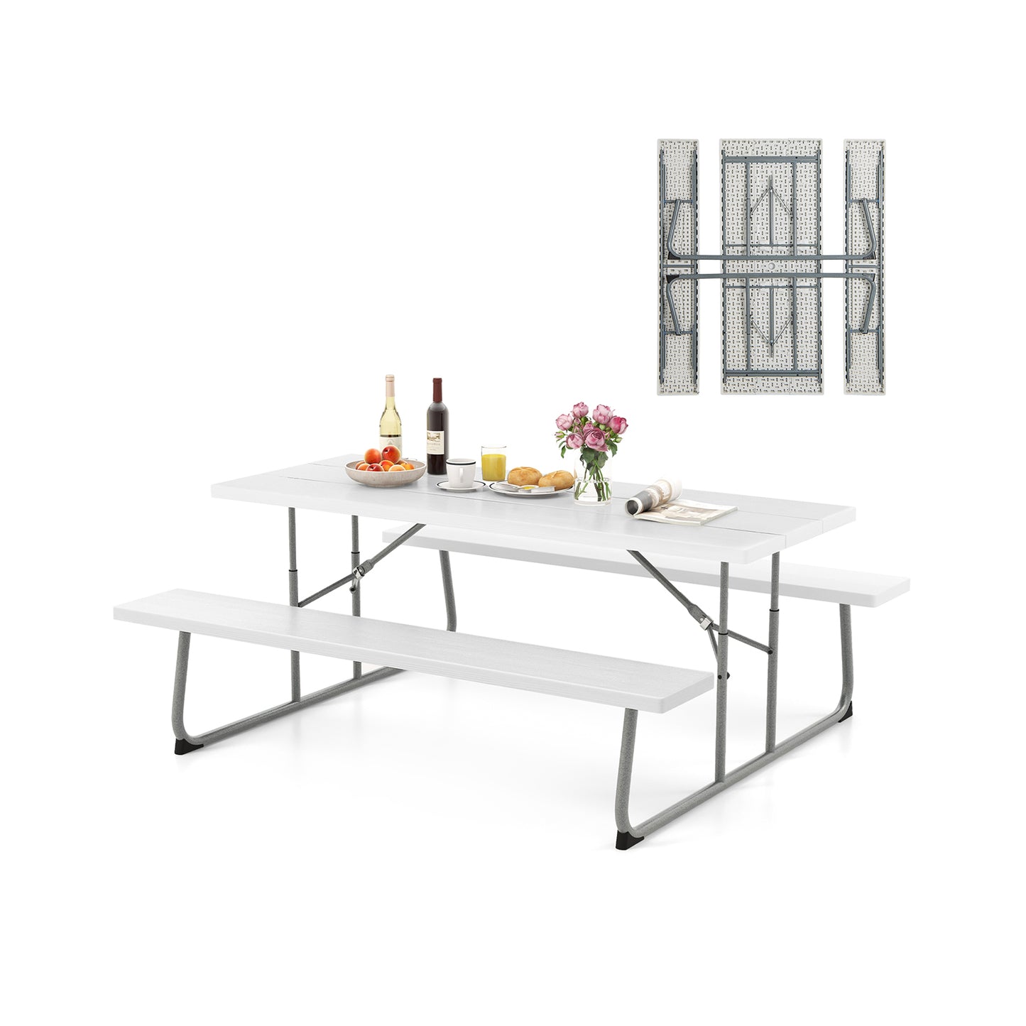 Folding Picnic Table Set with Metal Frame and All-Weather HDPE Tabletop Umbrella Hole, White Outdoor Seating & Patio Chairs at Gallery Canada