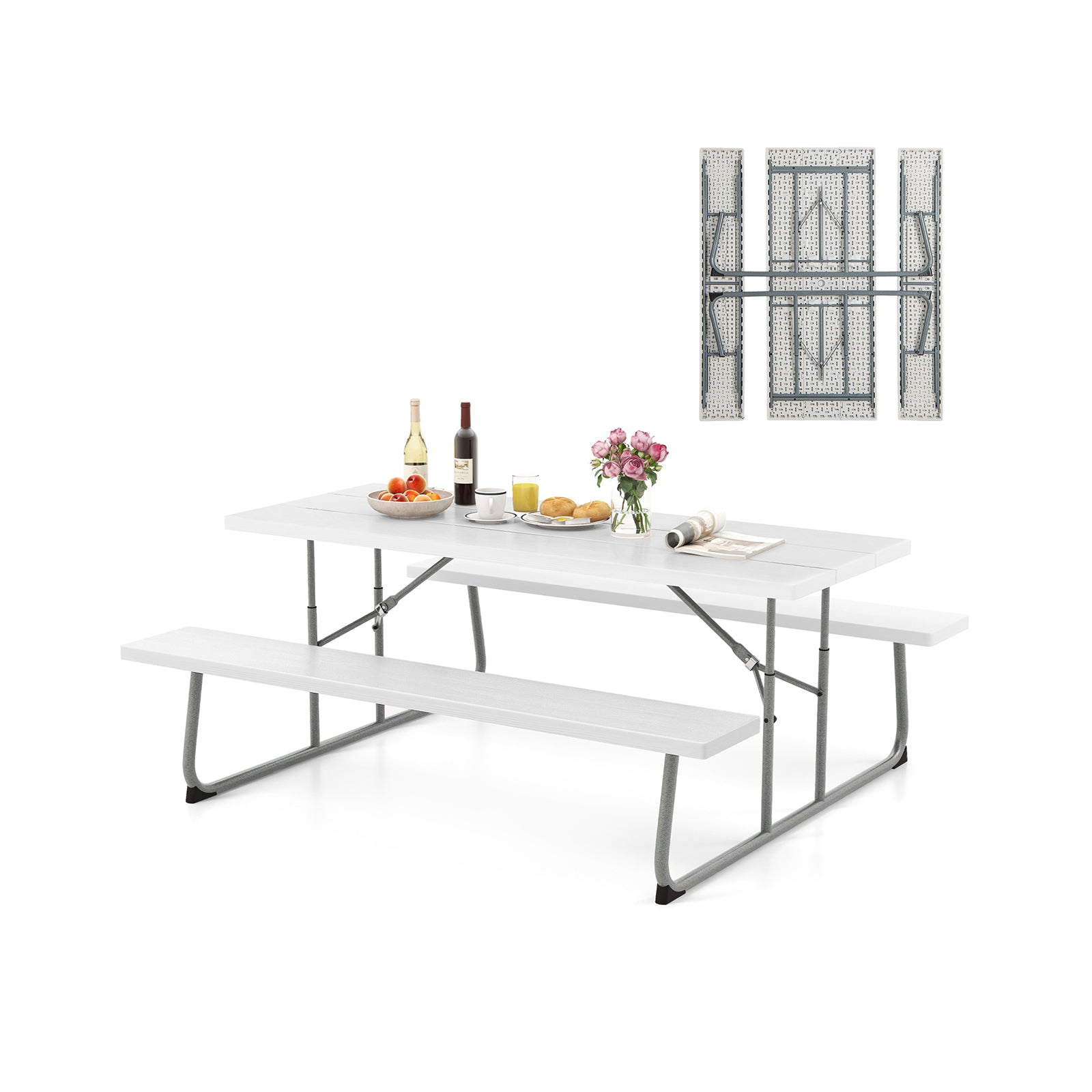 Folding Picnic Table Set with Metal Frame and All-Weather HDPE Tabletop Umbrella Hole, White Outdoor Seating & Patio Chairs at Gallery Canada