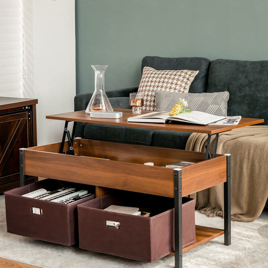 Lift Top Coffee Table Central Table with Drawers and Hidden Compartment for Living Room, Brown - Gallery Canada