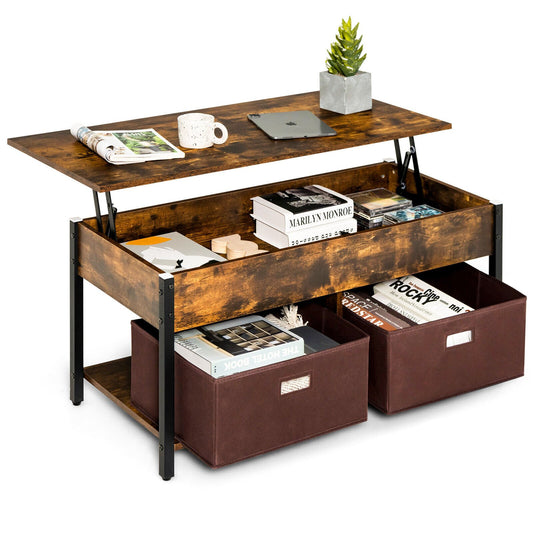 Lift Top Coffee Table Central Table with Drawers and Hidden Compartment for Living Room, Rustic Brown - Gallery Canada