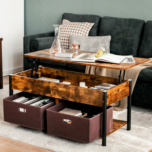 Lift Top Coffee Table Central Table with Drawers and Hidden Compartment for Living Room, Rustic Brown - Gallery Canada