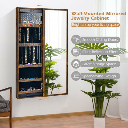 Wall Mounted Jewelry Full-Length Mirror Slide Cabinet Armoire, Rustic Brown - Gallery Canada