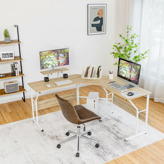 88.5 Inch L Shaped Reversible Computer Desk Table with Monitor Stand, Natural - Gallery Canada