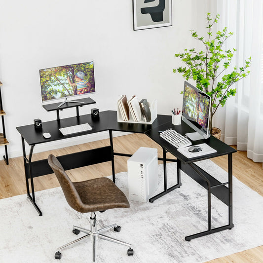 88.5 Inch L Shaped Reversible Computer Desk Table with Monitor Stand, Black - Gallery Canada