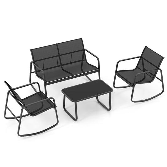 4 Piece Patio Rocking Set with Glass-Top Table, Black - Gallery Canada