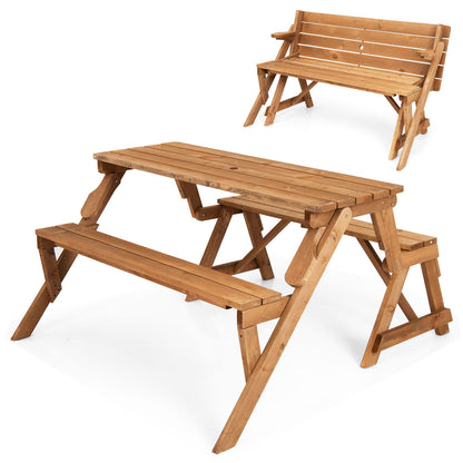 2-in-1 Transforming Interchangeable Wooden Picnic Table Bench with Umbrella Hole, Dark Brown Picnic Tables at Gallery Canada