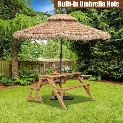 2-in-1 Transforming Interchangeable Wooden Picnic Table Bench with Umbrella Hole, Dark Brown Picnic Tables at Gallery Canada