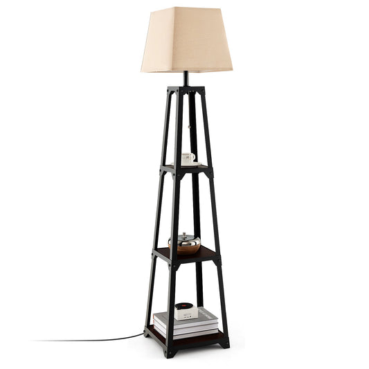 Trapezoidal Designed Floor Lamp with 3 Tiered Storage Shelf, Brown - Gallery Canada