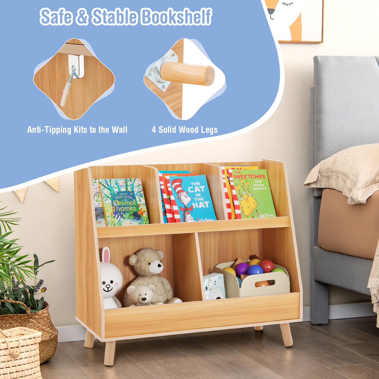 5-Cube Kids Bookshelf and Toy Organizer with Anti-Tipping Kits, Natural Bookcases at Gallery Canada